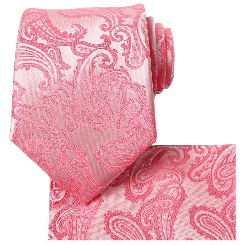 KissTies Mens Extra Long Tie Set: Rosy Pink Paisley Necktie + Hanky + Gift Box (63'' XL) - Image 1